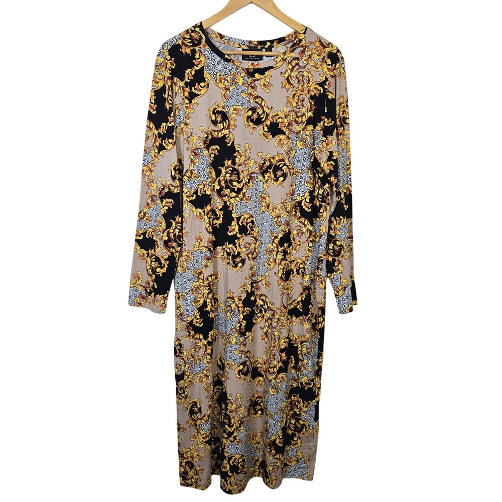 G by Giuliana Women 1X Baroque Print Long Sleeve Midi Dress Gold Black Ornate